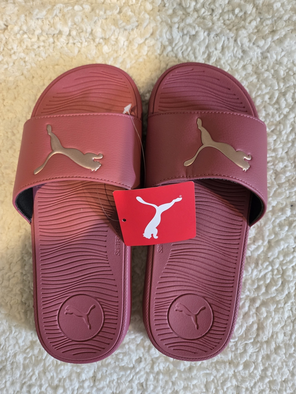 Puma Slide Sandals in Deep Rose with Gold Logo